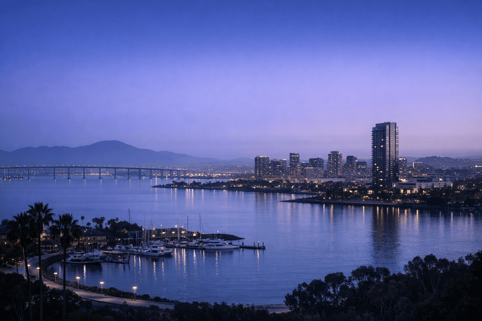 San Diego waterfront at blue hour representing Branding Bull's Southern California home base