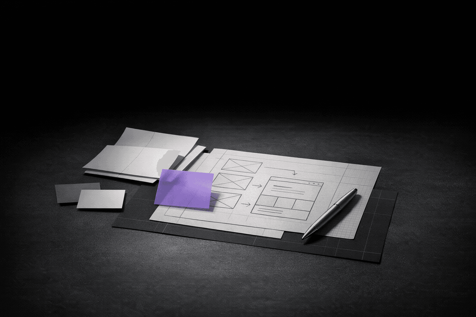 Strategy desk with layouts and a restrained purple accent