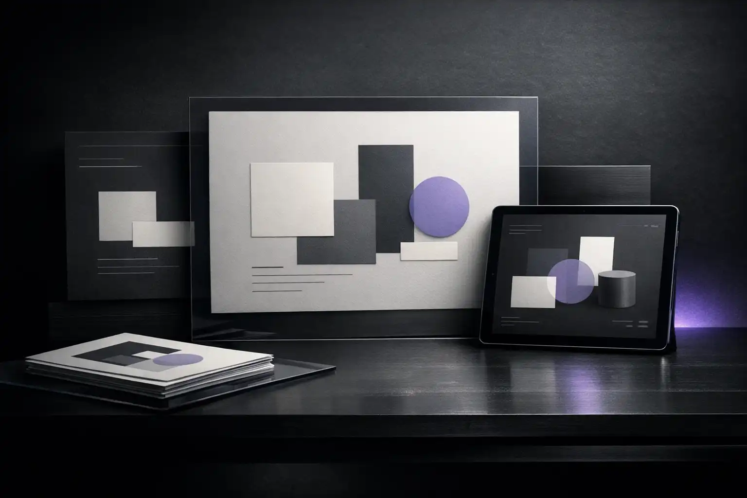 Layered creative studio scene representing brand and digital execution