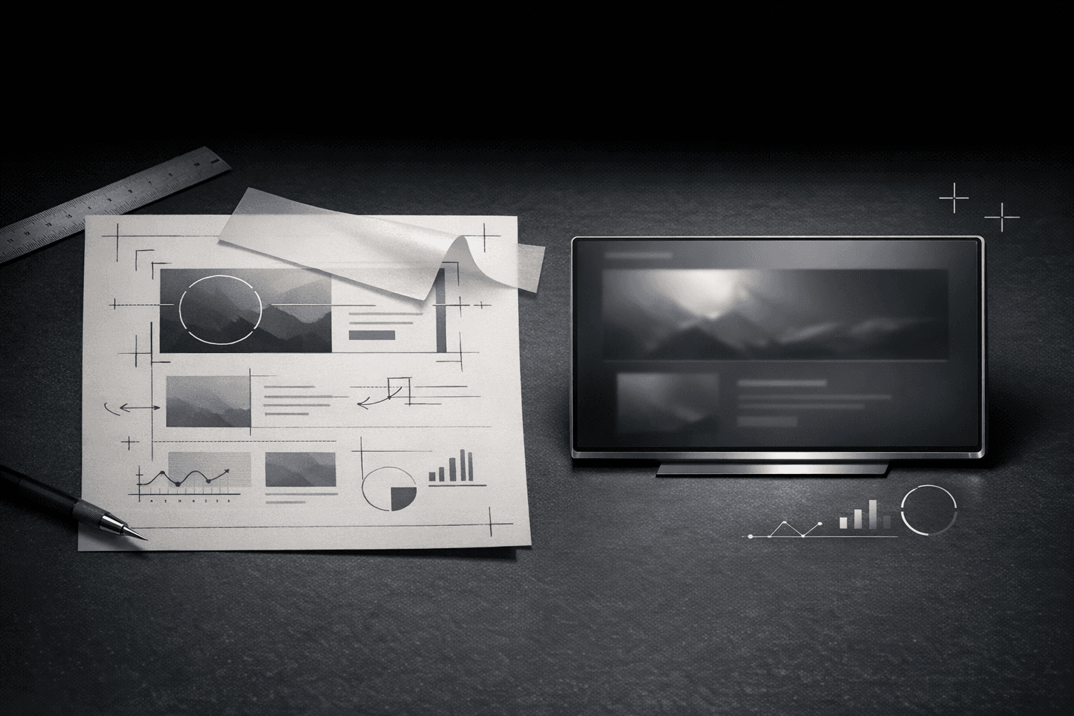 Refinement desk with layout marks, analytics cues, and final review tools