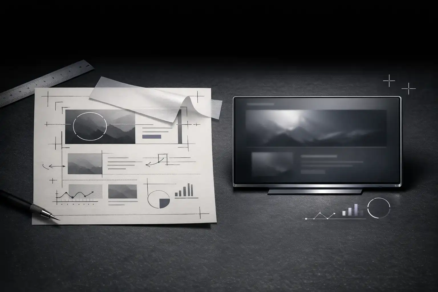 Refinement desk with layout marks, analytics cues, and final review tools